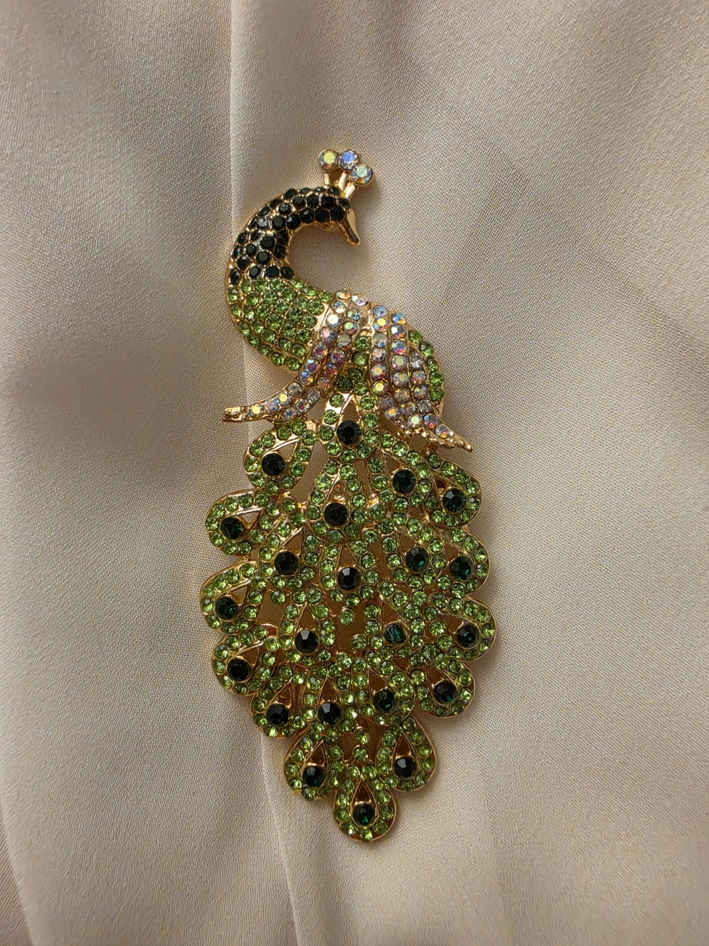 Vintage Style Art Deco Green Peacock Brooch Pin Gold Tone Rhinestone Bird